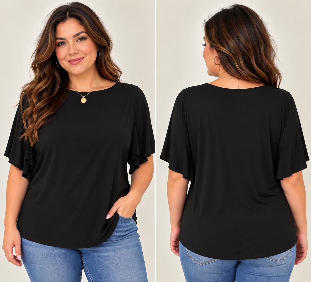 Susan Graver Essentials Black Flutter Sleeve Blouse Top 1X Plus Size